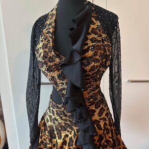 Leopard Print Dance Dress with Black Ruffle for latin dance